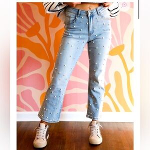 Women's Light Blue Pearl Embellished Jeans, Blue B, Never Worn, Size Medium 6/8
